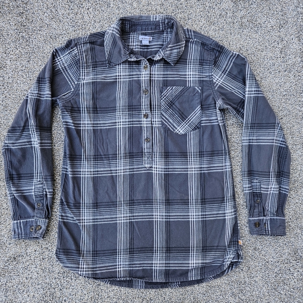 Carhartt Farwell Womens Black Gray Flannel LS Button Up Shirt 100%Cotton Small